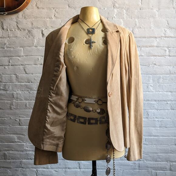Y2K Vintage Tan Suede Leather Jacket Neutral Western Minimalist Boho Chic Coat - Picture 1 of 8